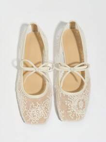 Women's White Ballet Flats With Bow Decor, Flower Embroidery, Breathable Mesh Vamp, Square Toe, Suitable For Wide Or Plump Feet, Summer Mary Jane Shoes