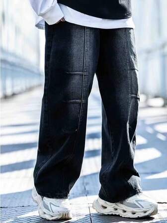 Black Denim Jeans, American Vintage Distressed Straight Leg, For Teenagers, Casual Loose Wide Leg Pants For Teen Boy & Youth, Spring & Autumn