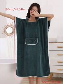 1pc Women's Contrast Trim Hooded Bathrobe, Absorbent Wearable Poncho For Surfing, Quick Dry Changing Robe, Hooded Towel Poncho For Outdoor Beach Swimming - Dark Green - View 8