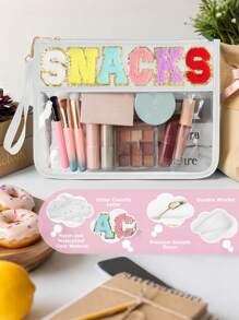 Fashionable Snack Storage Bag, Outdoor Travel Cosmetic Bag, Portable Women's Clutch Bag Storage Bag, Letter Printed Makeup Bag, PVC Waterproof Portable Cosmetic Storage Bag Toiletry Bags Summer Travel Essentials For Beach Vacation Holiday School Supplies Dorm Essentials Back To School Purse Travel Accessories Summer Beach Bag Tote Bag Wallet MakeUp Bag Car Accessories Travel Must Haves School Accessories Stuff Back To School Supplies