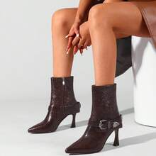 TDD Mid Calf Boots For Women Stiletto Pointed Toe Winter Buckle Extra Wide Calf Botas Para Mujer Dressy Warm Lined Ladies Fashion 3 Inch High Heels