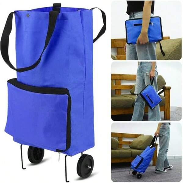 Folding Shopping Cart With Rubber Wheels Foldable Shopping Bag Oxford Cloth Material Reusable Simple Lightweight Multipurpose