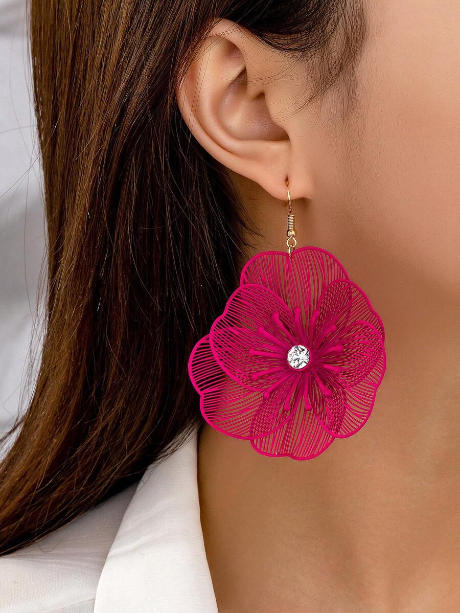 1 Pair Bright Pink Flower Earrings, Women's Spring/Summer Floral Jewelry Earrings - Hot Pink - View 1