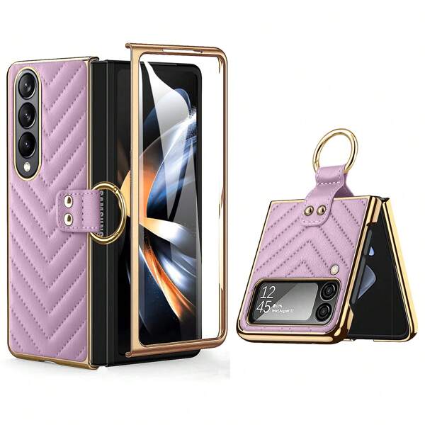 VIETAO Z Flip 6 5 4 3 7 Vergulde Vingerringhouder Kickstand Leren Telefoonhoesje Compatibel met Samsung Galaxy Z Fold 7 6 5 4 3 Hoes