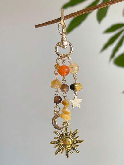 1 Stück Stern, Mond, Sonne Lässig Boho Schlüsselanhänger aus Zinklegierung, vielseitiger bunter Perlen Fünfzackiger Stern Schlüsselring, Vintage Sonnen Anhänger Schlüsselanhänger Auto Accessoires Taschenbaumler Rucksack für Schule, süß Goth Y2k