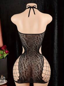 Women's Sexy Leopard Print Bodysuit, Hollow-Out Open Crotch Design, High Stretch Nylon And Elastane Lingerie, Leopard Print Lingerie, Sexy, Tight, Rave - Black - View 2