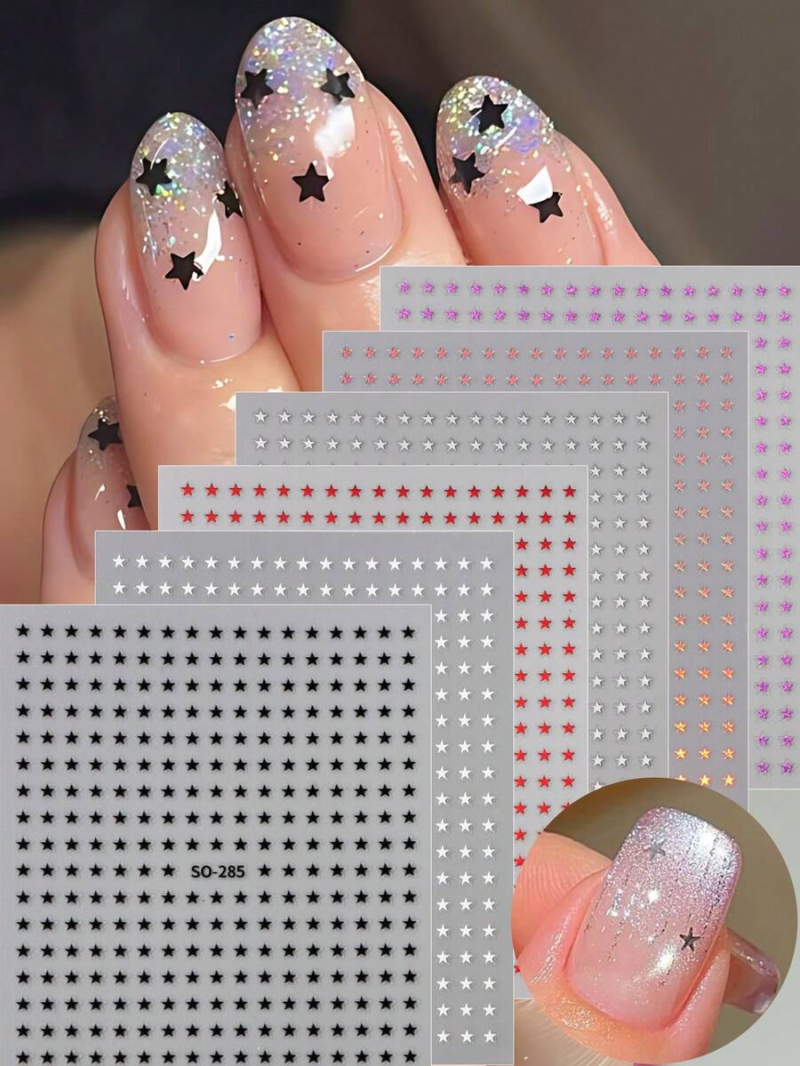 6 色黑白银色迷你星星美甲贴纸 Y2K 摇滚朋克镜面五角星滑块法式尖头指甲夏季指甲饰品装饰美甲用品 - 彩色 - 查看 1
