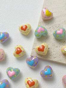 10pcs/Pack Random Style New Acrylic Hand-Painted Faceted Luminous Heart Shaped Bead DIY Jewelry Crafts, Phone Charm Keychain Accessories - No Pen Included - Multicolor - View 3