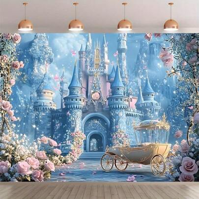 1 pieza Telón de fondo de castillo de hadas mágico con carruaje de cristal azul y rosa, guirnaldas de rosas y castillo majestuoso - Ideal para bodas, cumpleaños, aniversarios, fiestas elegantes interiores/exteriores, decoración de fiesta de cuentos de hadas