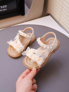 Infant Girls' Comfortable Pearl Lace Bow Flat Open Toe Sandals, Suitable For Daily Outdoor Wear In Summer