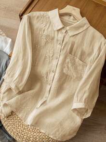 女士纯色简约刺绣夏季衬衫 - 杏色 - 查看 9