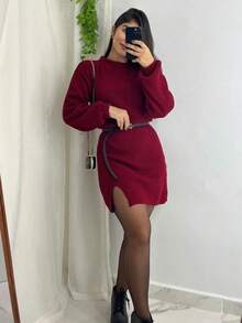 Knitted Midi Dress In Mousse Yarn With Slit Long Sleeves Winter - Burgundy - View 1