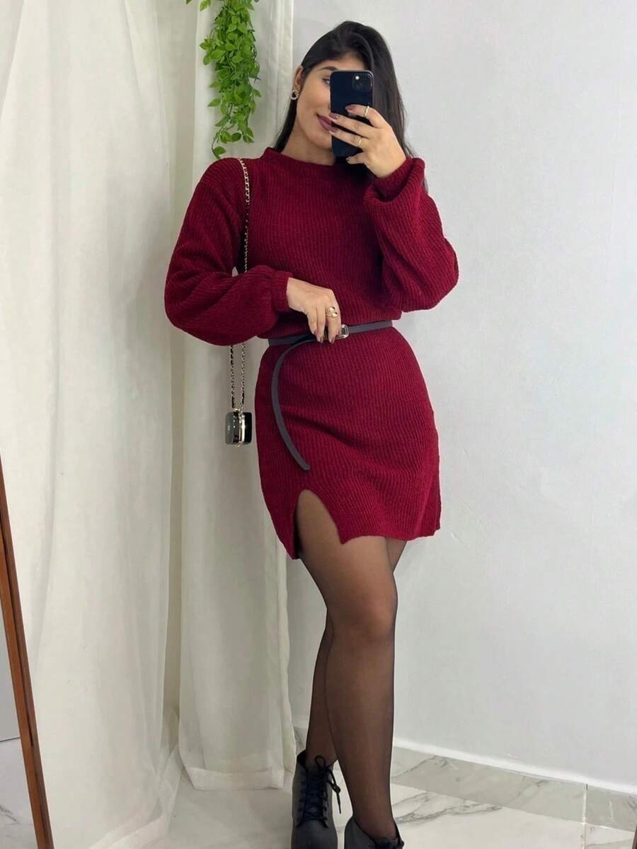 Knitted Midi Dress In Mousse Yarn With Slit Long Sleeves Winter - Burgundy - View 1