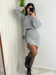 Vestido Tricot Midi Fio Mousse Com Fenda Manga Longa Inverno