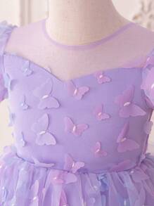 Young Girls' Round Neck Butterfly Net Tulle Elegant Party Princess Dress, Suitable For Flower Girl, Birthday, Outing, Excludes Hair Accessory