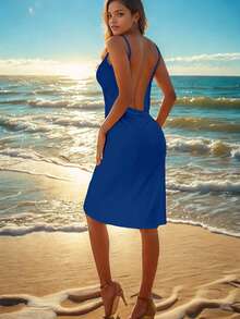 Summer Beach Holiday Casual Wrap Sling Dress For Women, New Sexy Wrap Dress Design - Blue - View 4