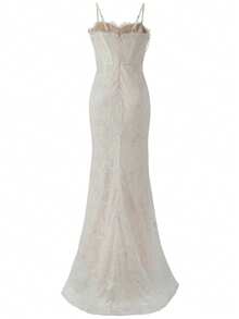 新款女士无肩带珍珠蕾丝拼接高开衩优雅晚礼服，修身性感吊带长裙，适合订婚、婚礼、晚宴、圣诞节、新年、感恩节派对等场合 - 白色 - 查看 7