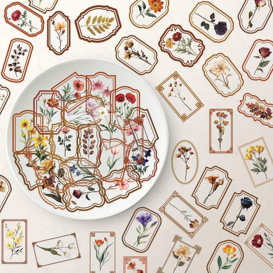 50张透明贴纸套装，包含花卉、复古、美学、植物等图案，防水乙烯基材质，适用于笔记本电脑、滑板、水瓶、笔记本等，适合学校用品和返校季使用。 - 彩色 - 查看 1