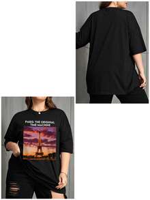 Camiseta suelta personalizada de mujer talla grande, sube tu foto/imagen/paisaje, personalízala con texto/felicitaciones de cumpleaños/citas/lemas, camiseta holgada de mujer talla grande de cuello redondo, top negro suelto, regalo de aniversario, regalo del Día de San Valentín, regalo festivo, ropa de primavera/verano, regalo único, regalo creativo, pareja/mejor amigo a juego, uniforme de trabajo en equipo, personalización empresarial - Negro - Ver 3