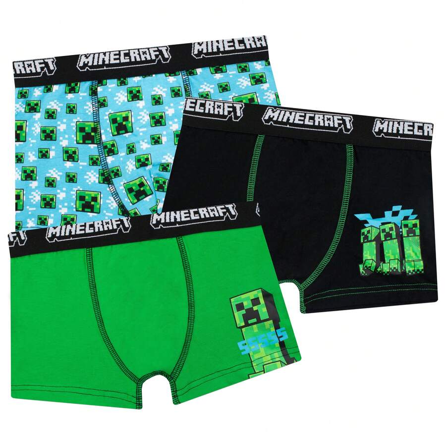 Minecraft Underwear Boxer Briefs (Pack Of 3) | Creeper Boys' Boxer Shorts Set | Kids' Underwear - Multicolor - View 1