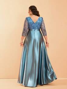 Long Sleeve Round Neck Sequin Patchwork Satin Dress With Flared Hem - Dusty Blue - View 2