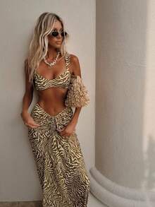 3pcs Women's Sexy Backless Spaghetti Strap Brown Zebra Print High Elasticity Bikini Set - Green - View 1