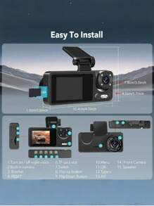 Cámara de salpicadero delantera y trasera, tarjeta SD de 64G, 3 cámaras de salpicadero 1080P para automóviles, ángulo de visión de 170°, pantalla IPS de 2", sensor G, WDR, monitor de estacionamiento - Negro
