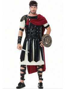 Conjunto de disfraz de guerrero espartano romano antiguo medieval: Escudo 30X30cm, Espada 48.5X13cm, Diadema + Atuendo (incluye capa) + 2 brazaletes + 2 muñequeras + 4 tobilleras Halloween - Multicolor - Ver 6