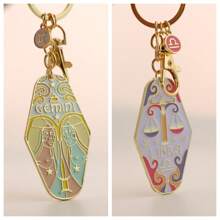 1 pièce Porte-clés signe du zodiaque Bélier/Taureau style bohème, anneau de clé d'hôtel en métal émaillé, cadeau parfait pour la famille, les amis, les collègues, les partenaires, les anniversaires, les accessoires de voiture, les breloques de sac, l'école, le style gothique mignon Y2K