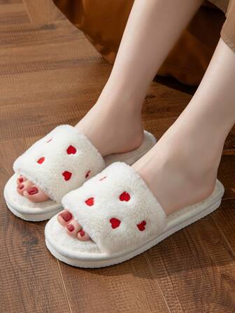 Damtofflor med broderade hjärtan, söta mjuka plysch-tofflor med öppen tå, varma inomhus-/utomhustofflor, lämpade för alla årstider, höst/vinter, mamma