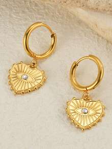 Stainless Steel Gold Color Crystal Rhinestone Heart & Eyes Design Women Earrings, Vacation Style Jewelry - Gold - View 4