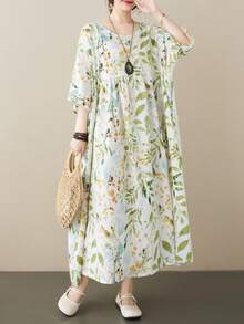 Đầm hoa nhí phong cách Bohemian mới năm 2026, đầm xòe rộng cổ tròn cỡ lớn mùa hè, đầm thanh lịch, áo lót mặc trong khi ngủ. - màu xanh lá - Xem 2