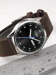 TOMI TOMI 1pc Universal Quartz Leather Watch With Dual Calendar, Elegant & Compact Design, Suitable For Daily Wear & Gift