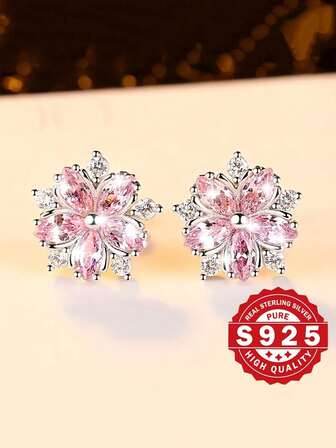 1 Pair Luxury 925 Sterling Silver Cherry Blossom Stud Earrings, Elegant For Daily Commute, Gold & Silver-Tone Cubic Zirconia Hoop Earrings, Birthstone For October, Suitable For Women & Girls For Casual, Travel, Party, Gifts, Comes With Delicate Gift Box