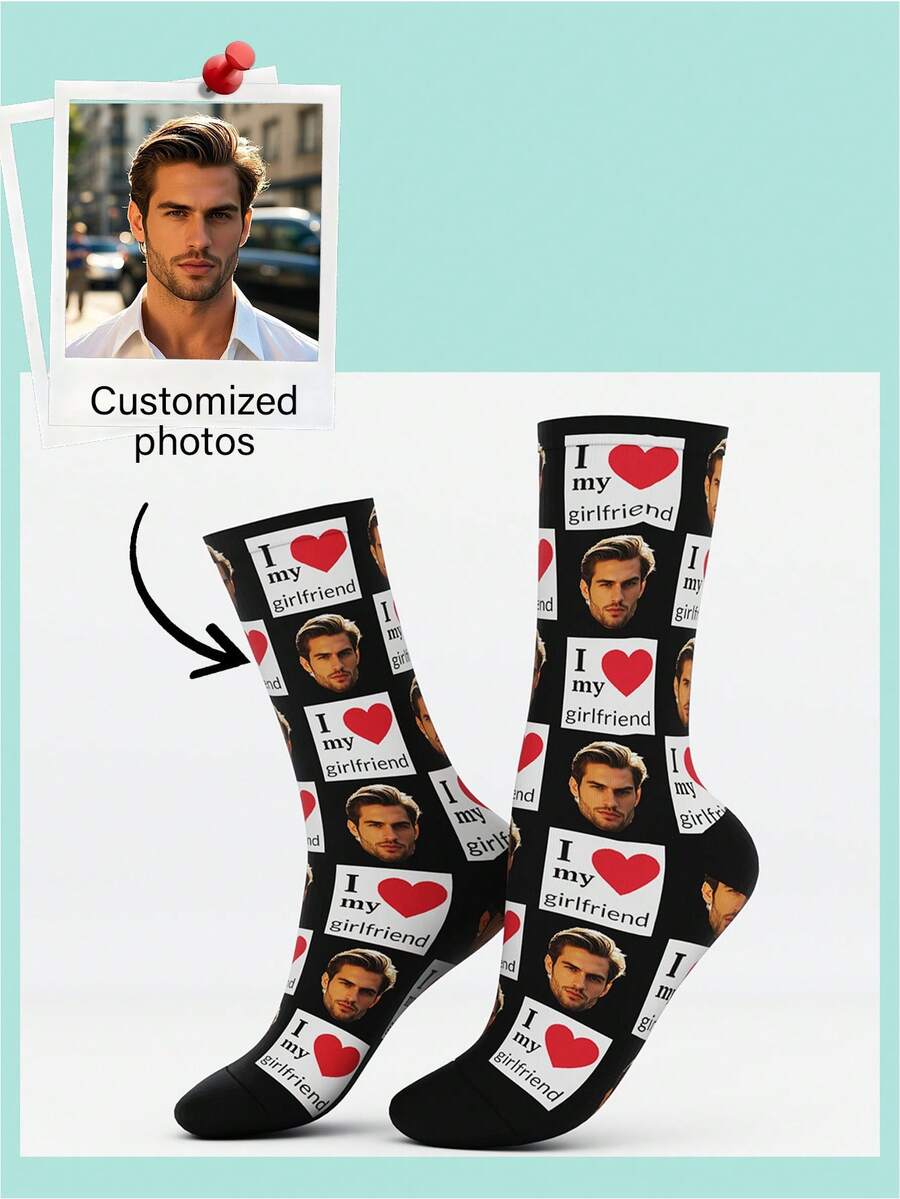 1 Pair Custom Face Print Mid-Calf Sports Socks For Men, Novelty Socks, Gift Socks - Black - View 1