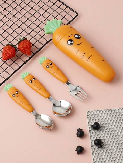 1 pieza Cuchara / 1 SET Juego de cubertería con mango de plástico con forma de zanahoria, de acero inoxidable con tres piezas, en caja, para cocina, regalo de Navidad, artículos escolares