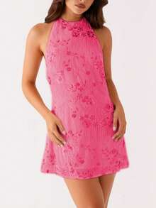 Y2k Sequin Beaded Halter Dress For Women Sexy Sparkle Backless Mini Dress Floral Embellished Rhinestone Club Dresses - Hot Pink - View 3