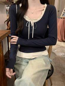 Sweet Bowknot Long Sleeve Ruffle Trim Blouse For Women, Spring/Summer