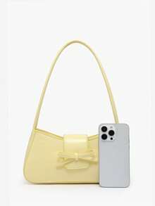 1 件复古简约芭蕾风格蝴蝶结豹纹外露衬里黄色波尔卡圆点安哥拉装饰单肩法棍包，适合约会、郊游、派对、情人节