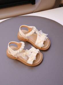 Infant Girls' Comfortable Pearl Lace Bow Flat Open Toe Sandals, Suitable For Daily Outdoor Wear In Summer