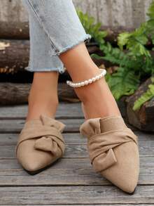 2025 Autumn Khaki Half-Covered Mule Shoes, Pointed Toe Women Backless Loafers With Bowknot Decoration, Elegant & Versatile Slip-On Flat Shoes For All Seasons - Khaki - View 4