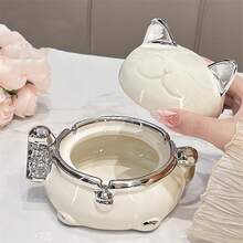 1 Pc Modern Cute Maneki Neko Ceramic Ashtray With Cover, Black/White Color Options, Windproof And Ash-Proof, Suitable For Living Room, Dining Room, Bedroom, Bathroom, Kitchen Paper Towel Decor