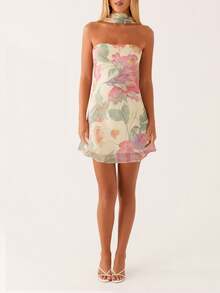 Women Floral Strapless Mini Dresses Y2K Flower Backless Tube Top Dress Short Summer Dress With Scarf - 米色 - 查看 6