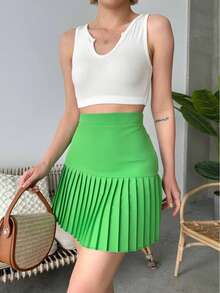 Solid Color Casual Pleated Holiday Mini Skirt, Woven Fabric - Green - View 2