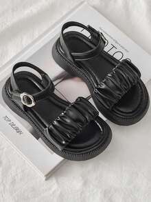 1 双女童夏季时尚凉鞋，时尚耐磨防滑休闲平底凉鞋 - 黑色 - 查看 4