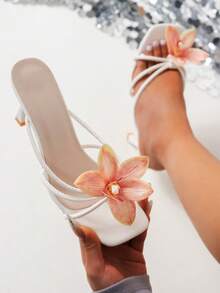 planare Women's Fashion Elegant Pointed Toe High Heel Sandals, Red & Yellow Colors With Floral Decor, Suitable For Casual, Party, Date, Daily Commute, Stable & Comfort, Stylish & Sophisticated Women's High Heel Sandals (Asymmetrical Flower Arrangement) - Red and Yellow - View 5