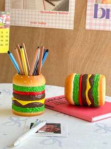 1pc Hamburger Shaped Makeup Brush Holder Pen Cup - Creative Brush Stand For Vanity Desk Travel Storage - Lightweight Plastic Organizer No Assembly Required Perfect Cute Gift For Women Men Teens Students - Multicolor - View 9