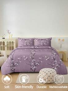 2/3件套紫色双面梅花印花被套套装（不含枕芯），透气超柔软，四季皆宜（1件被套+1/2件枕套，不含枕芯），柔软双色设计，适用于卧室、客房、宿舍，可机洗，尺寸选择：特大号、大号、标准双人、单人，适用于宿舍、返校季等。