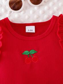 2 件套女婴樱桃刺绣蕾丝边无袖上衣和多樱桃刺绣褶皱牛仔裙套装 - 酒紅色 - 查看 6