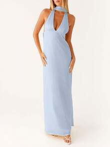 Women Sexy Halter Long Dress With Scarf Y2k Floral Deep V Neck Open Back Formal Cocktail Maxi Dresses - Màu xanh lam - Xem 1